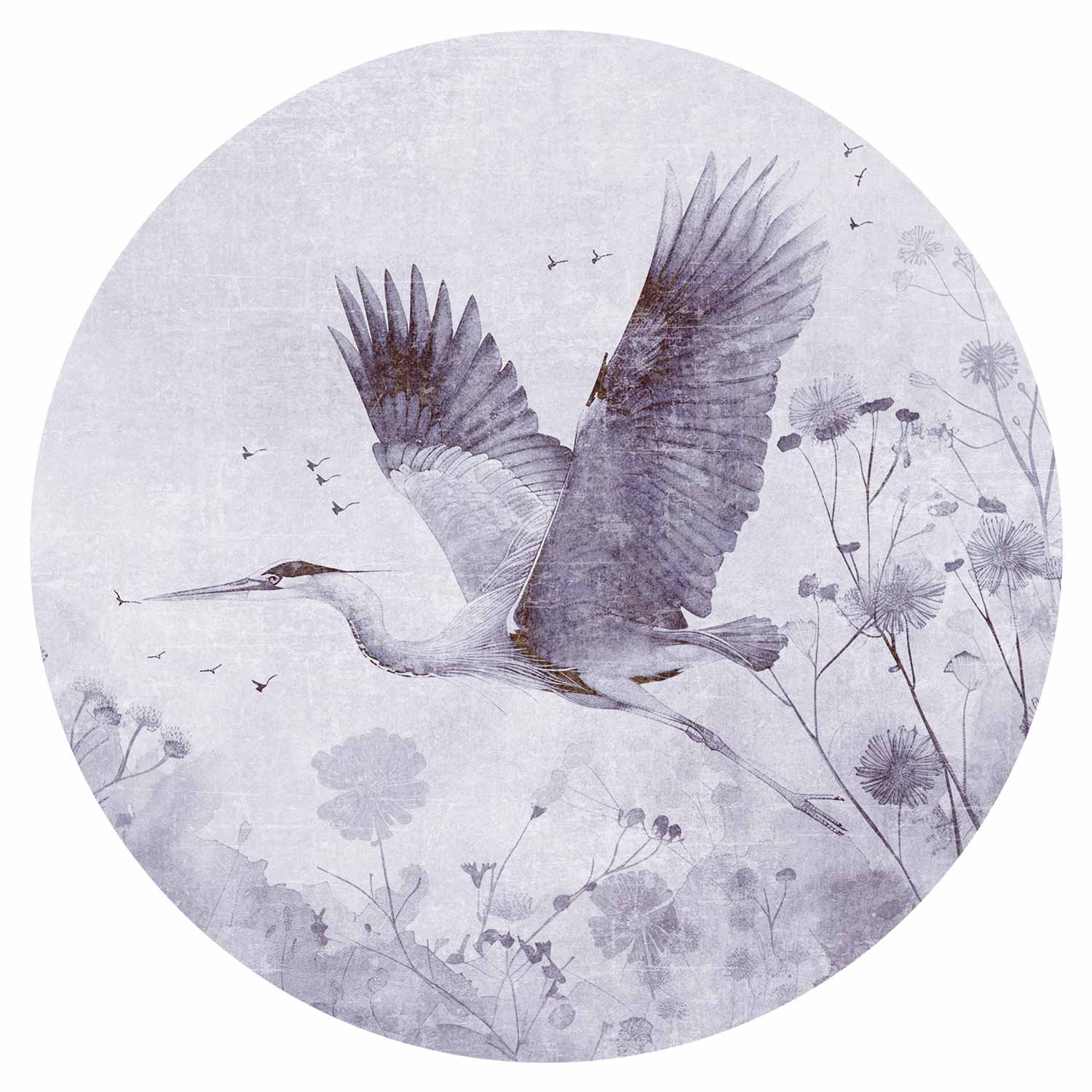 Round Wall Mural - Majestic Flight - A Crane In Flight In Monochrome