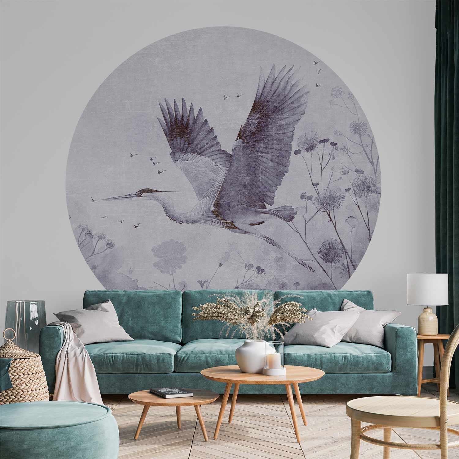Round Wall Mural - Majestic Flight - A Crane In Flight In Monochrome