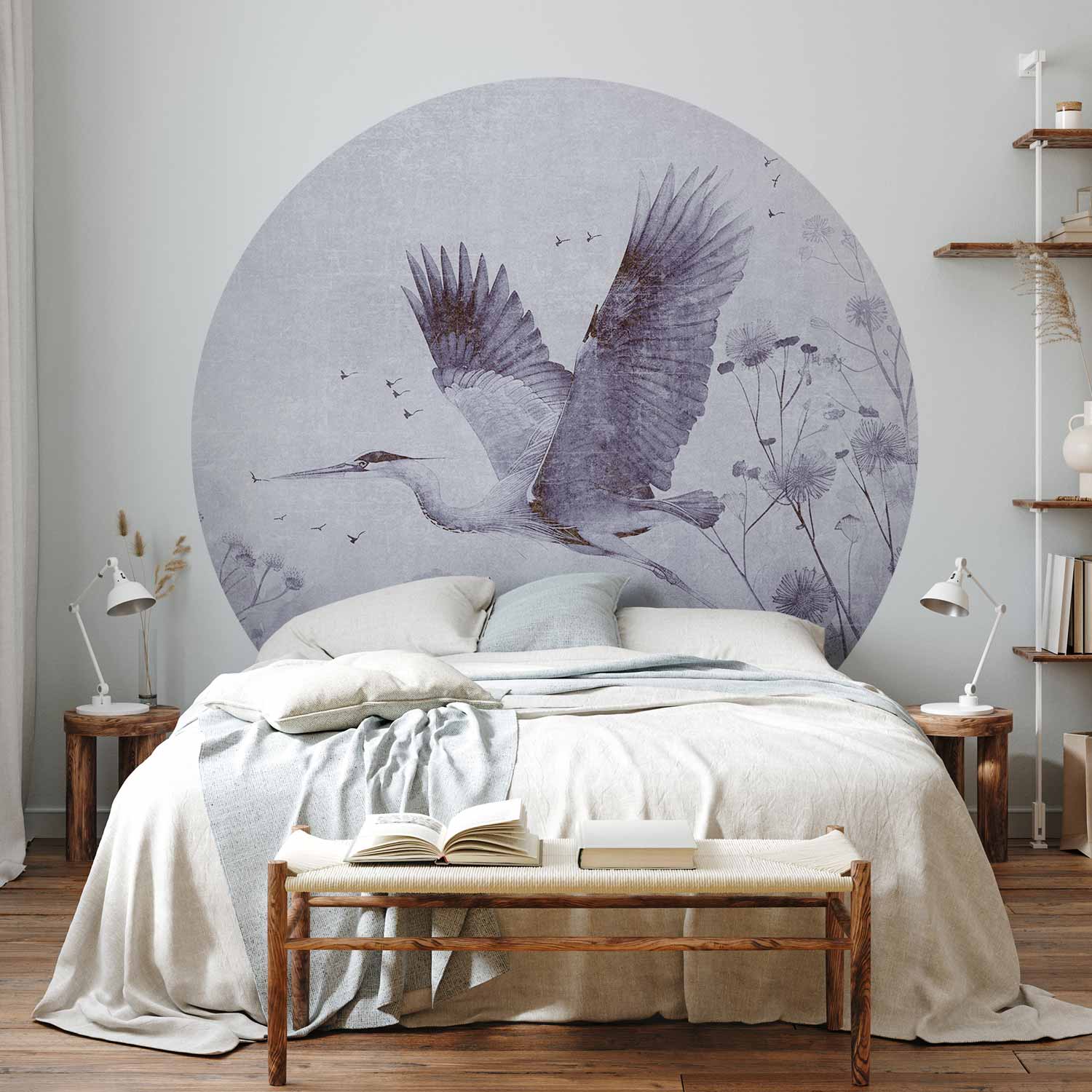 Round Wall Mural - Majestic Flight - A Crane In Flight In Monochrome