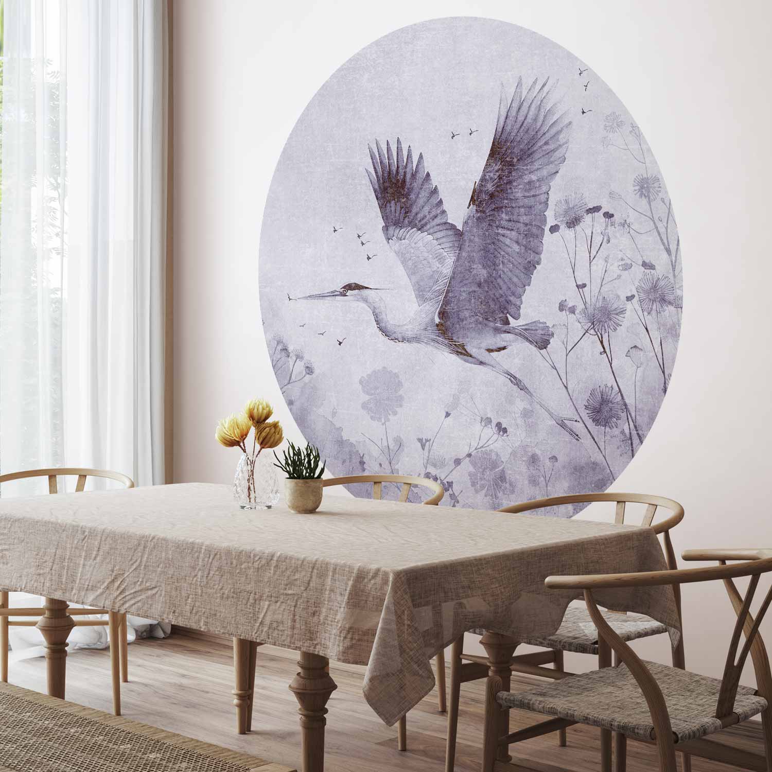 Round Wall Mural - Majestic Flight - A Crane In Flight In Monochrome