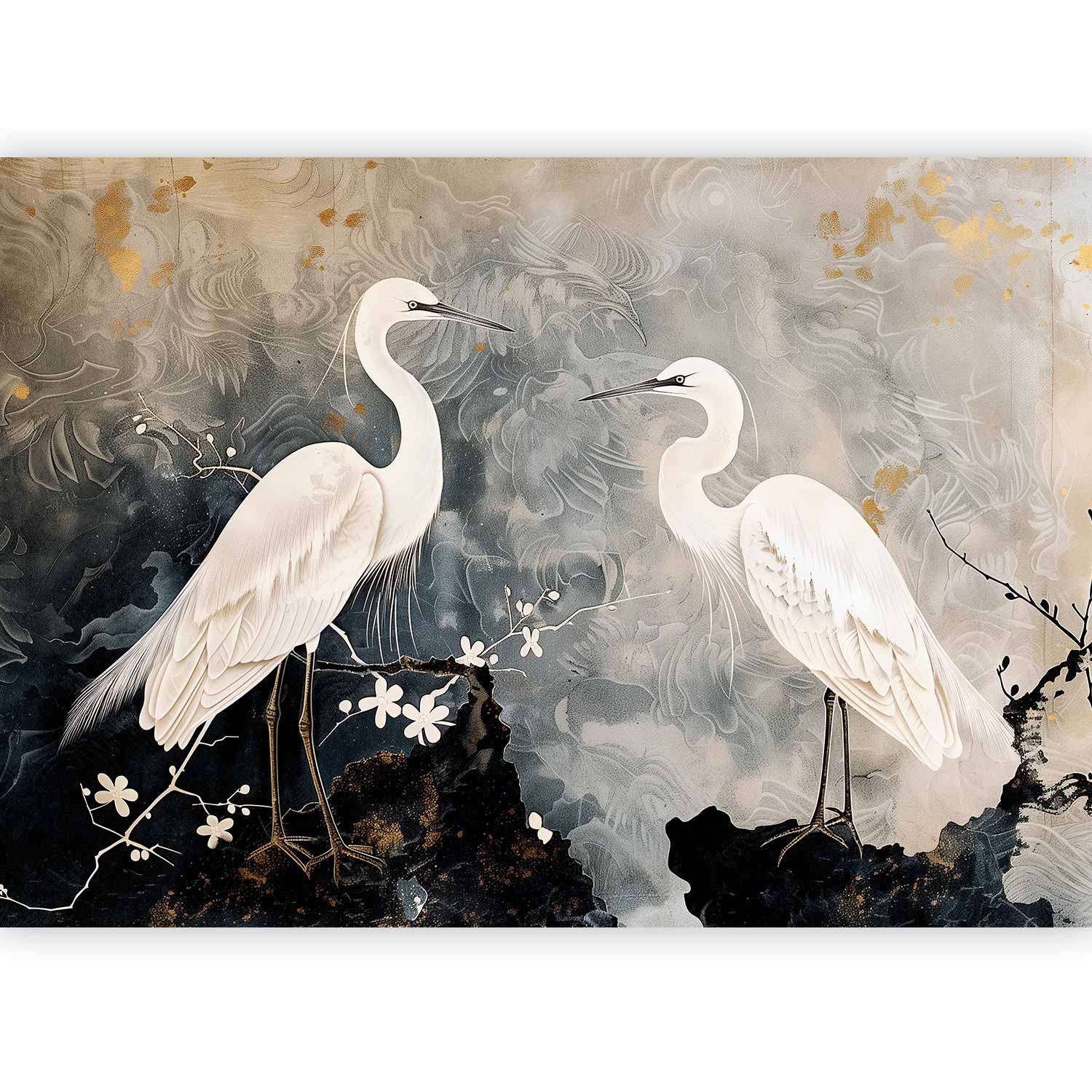 Premium Animal Wall Mural - Herons And Cherry Blossoms - Oriental-Style Illustration Depicting Birds