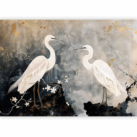 Premium Animal Wall Mural - Herons And Cherry Blossoms - Oriental-Style Illustration Depicting Birds