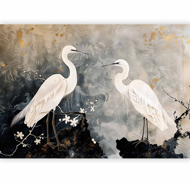 Premium Animal Wall Mural - Herons And Cherry Blossoms - Oriental-Style Illustration Depicting Birds
