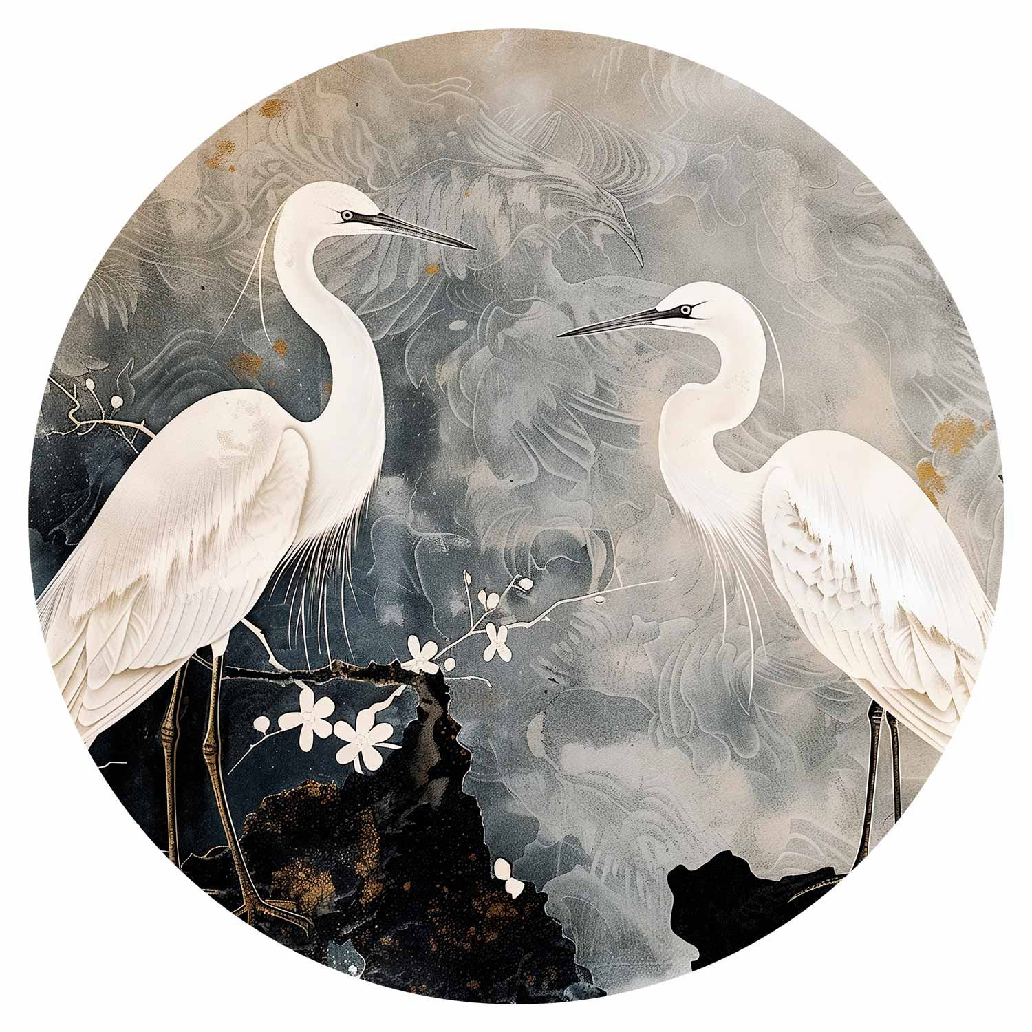 Round Wall Mural - Herons And Cherry Blossoms - Oriental-Style Illustration Depicting Birds