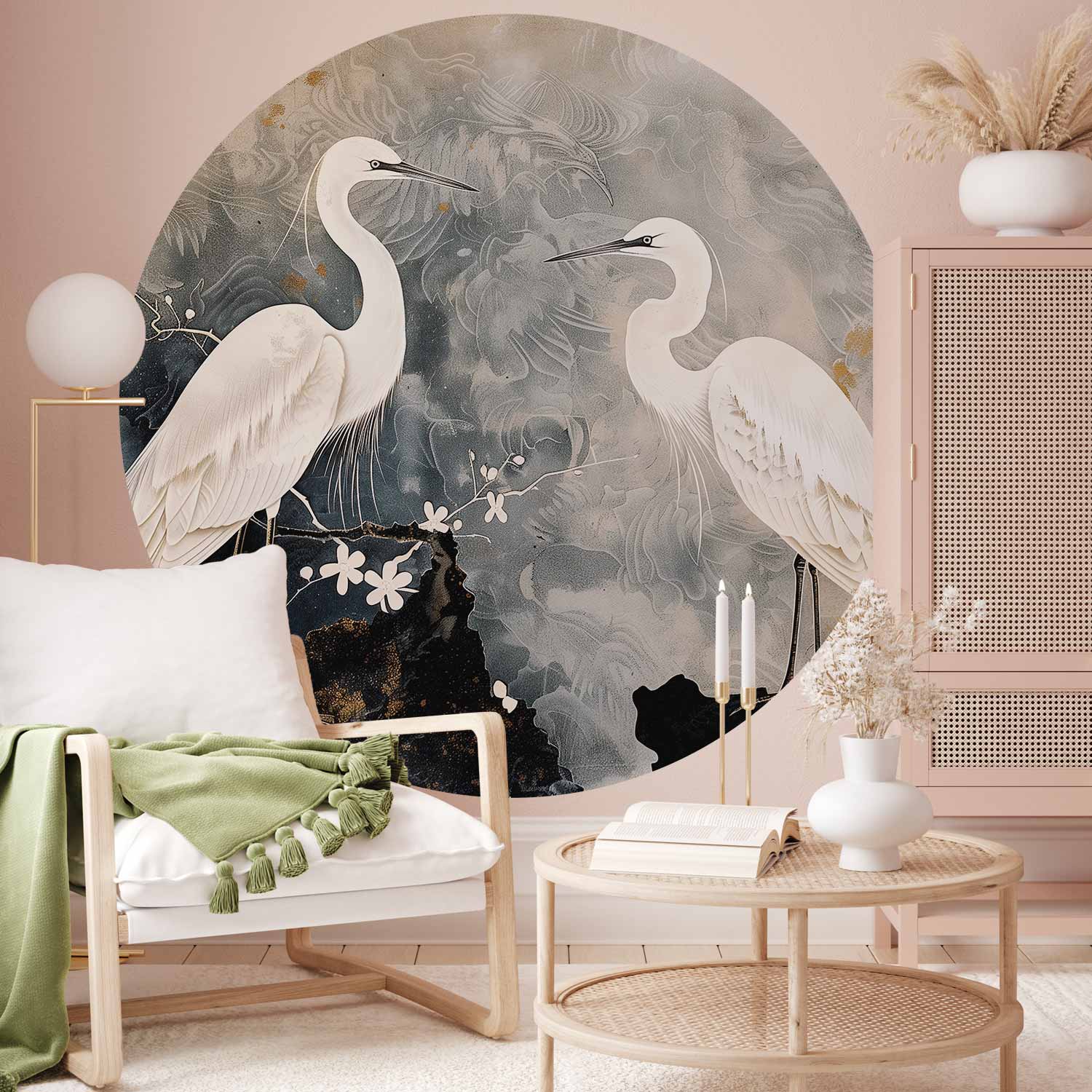 Round Wall Mural - Herons And Cherry Blossoms - Oriental-Style Illustration Depicting Birds