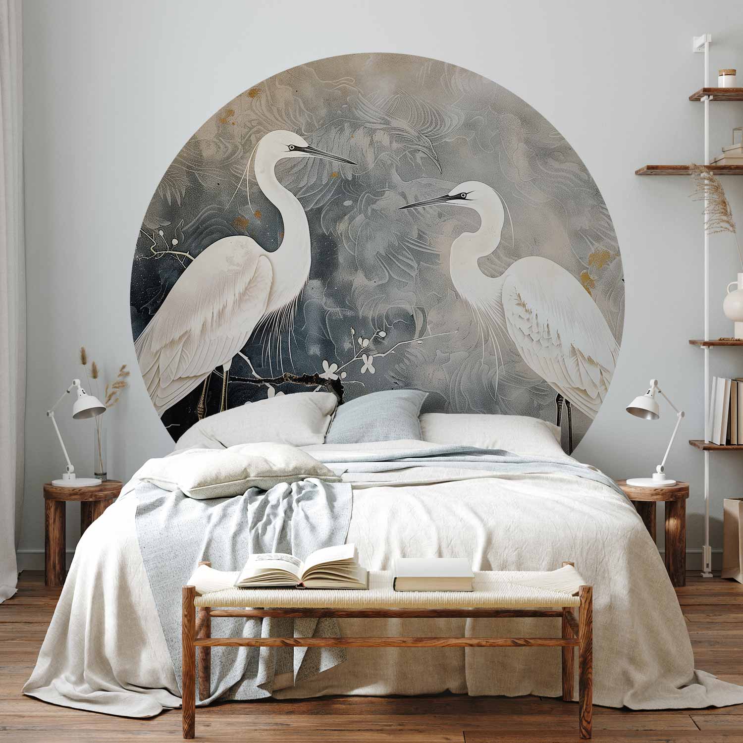 Round Wall Mural - Herons And Cherry Blossoms - Oriental-Style Illustration Depicting Birds