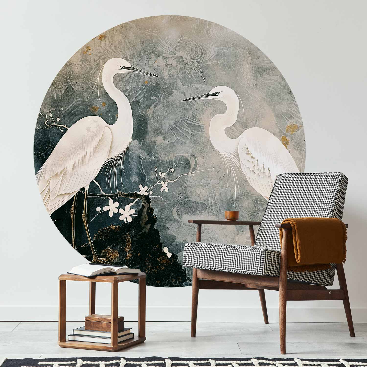 Round Wall Mural - Herons And Cherry Blossoms - Oriental-Style Illustration Depicting Birds