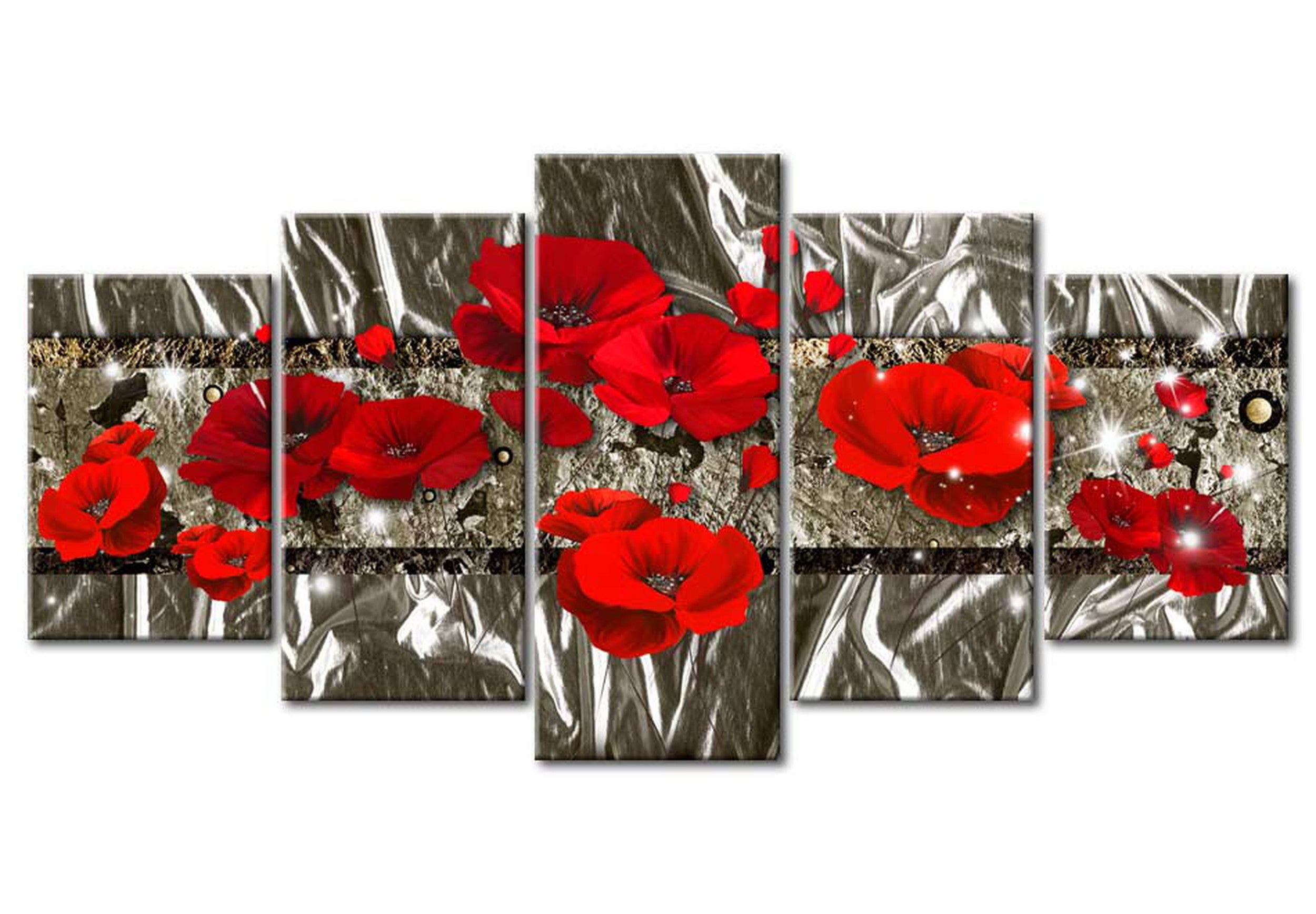 Glamour Canvas Wall Art - Silver Poppies - 5 Pieces