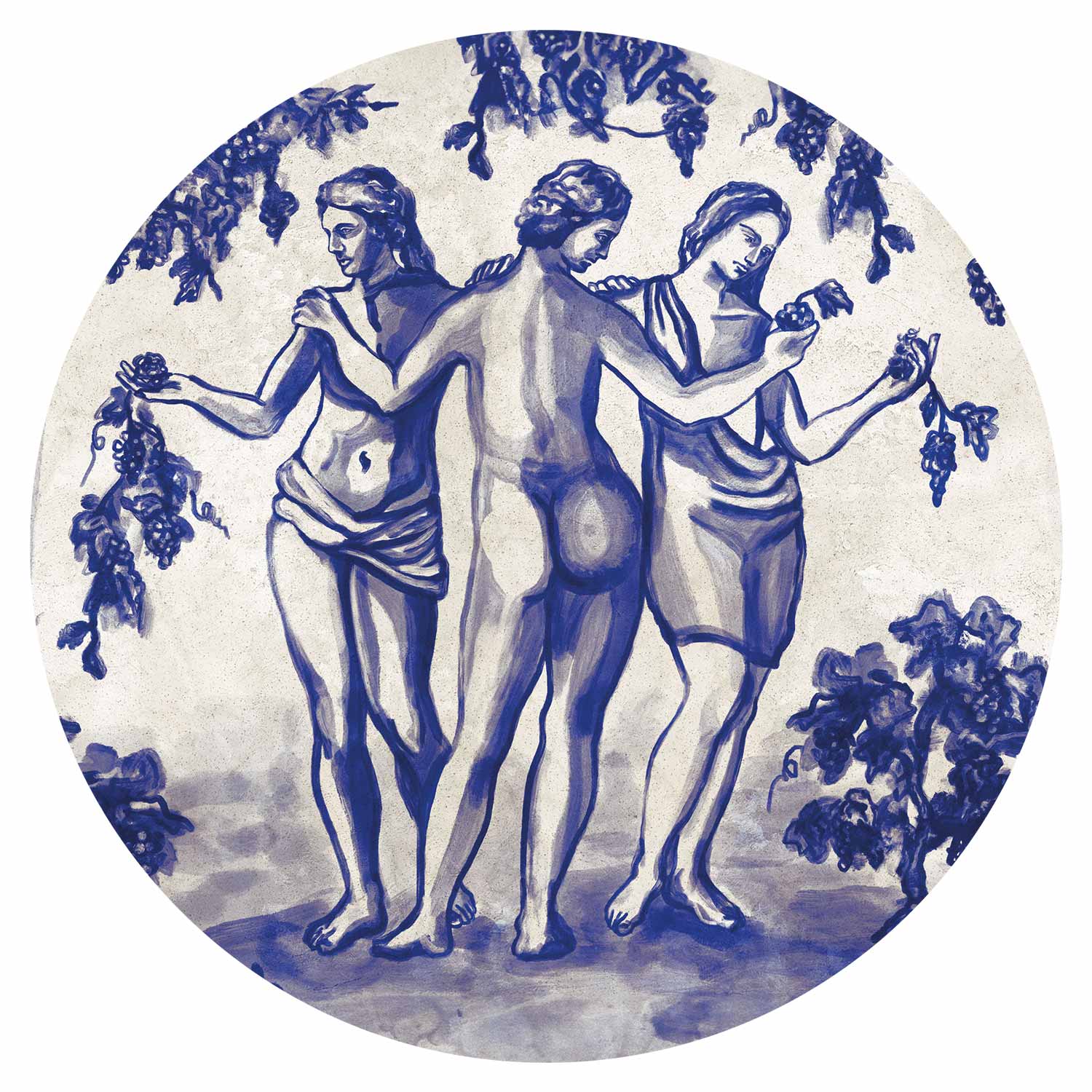 Round Wall Mural - Ancient Vineyard - Three Women In A Portal Painted With Blue Ink
