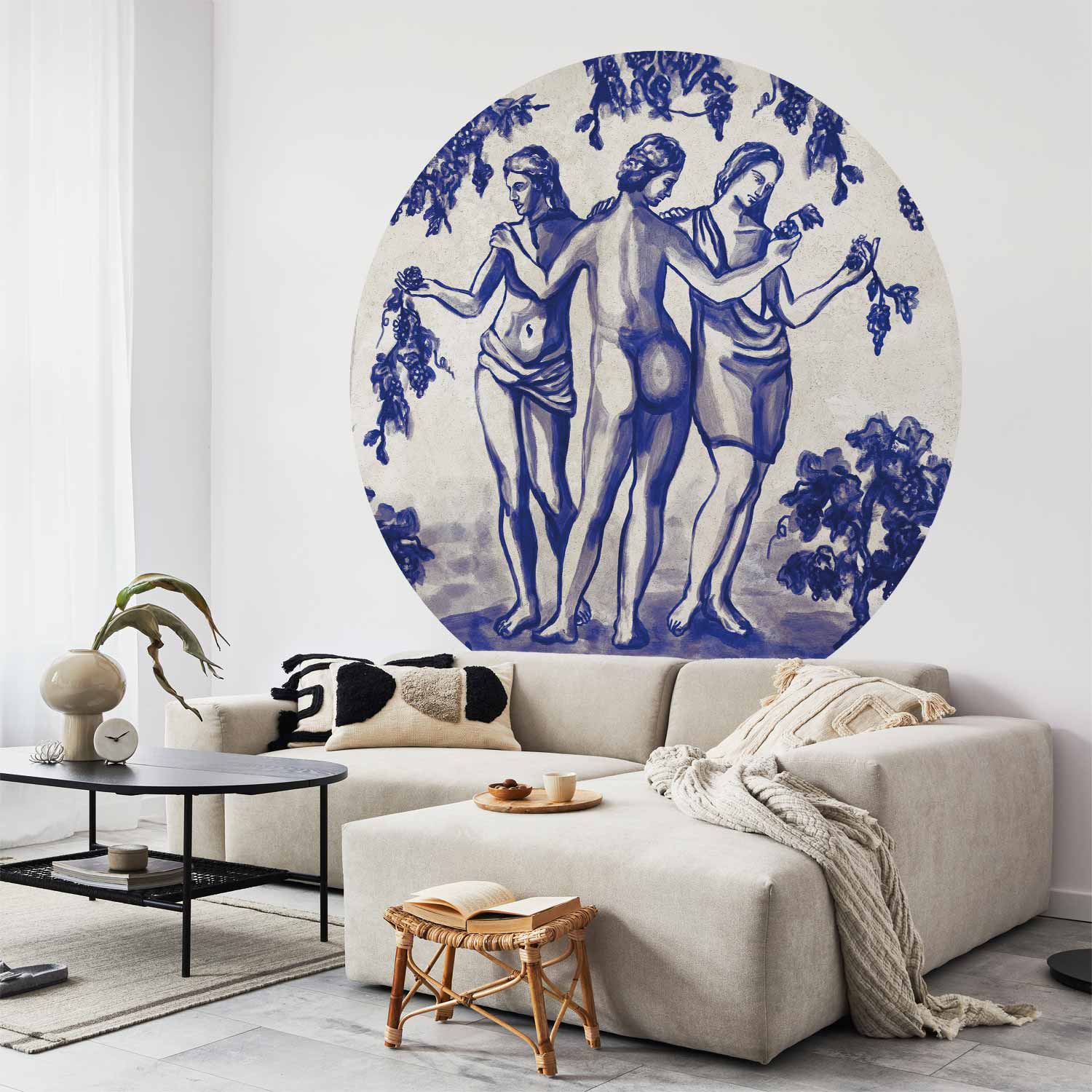 Round Wall Mural - Ancient Vineyard - Three Women In A Portal Painted With Blue Ink