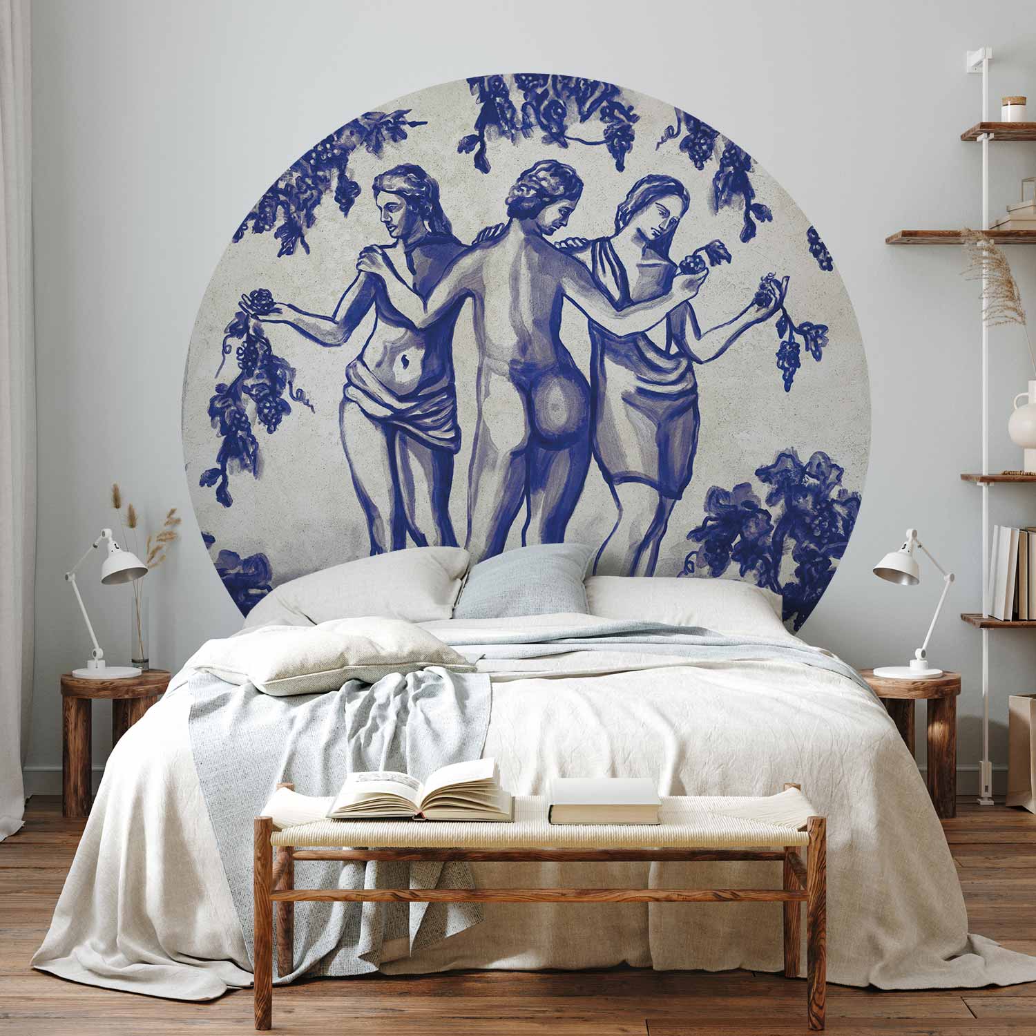 Round Wall Mural - Ancient Vineyard - Three Women In A Portal Painted With Blue Ink