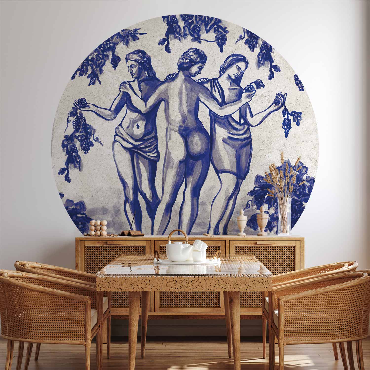 Round Wall Mural - Ancient Vineyard - Three Women In A Portal Painted With Blue Ink