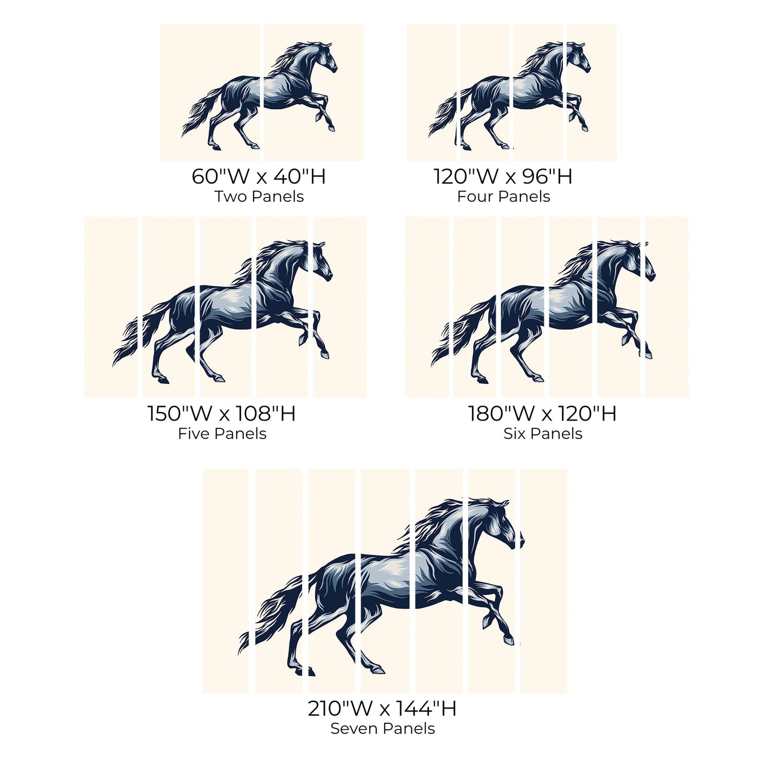Different size options for a horse wall mural displayed in an interior setting.