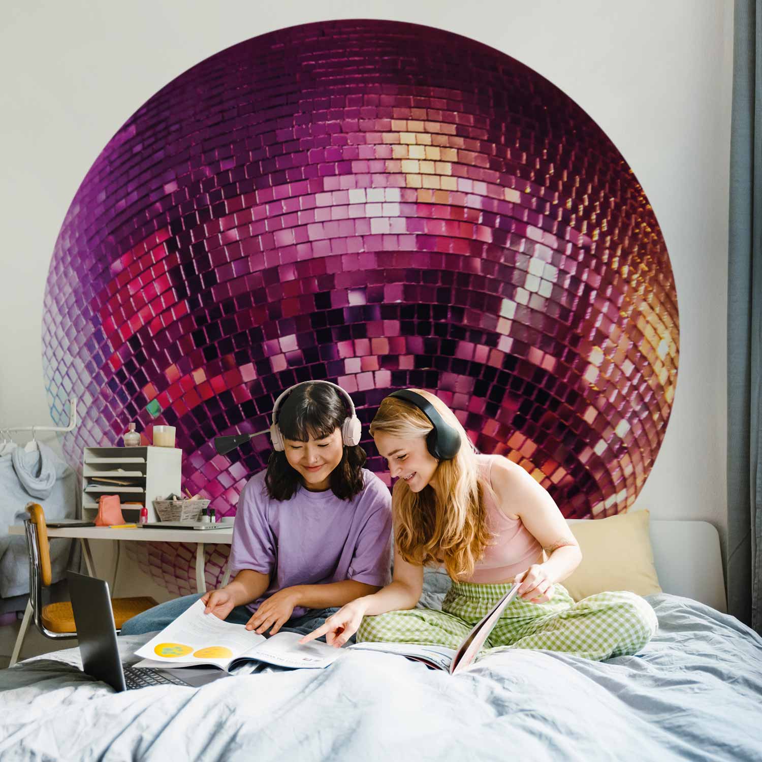 Round Wall Mural - Magenta Disco Ball