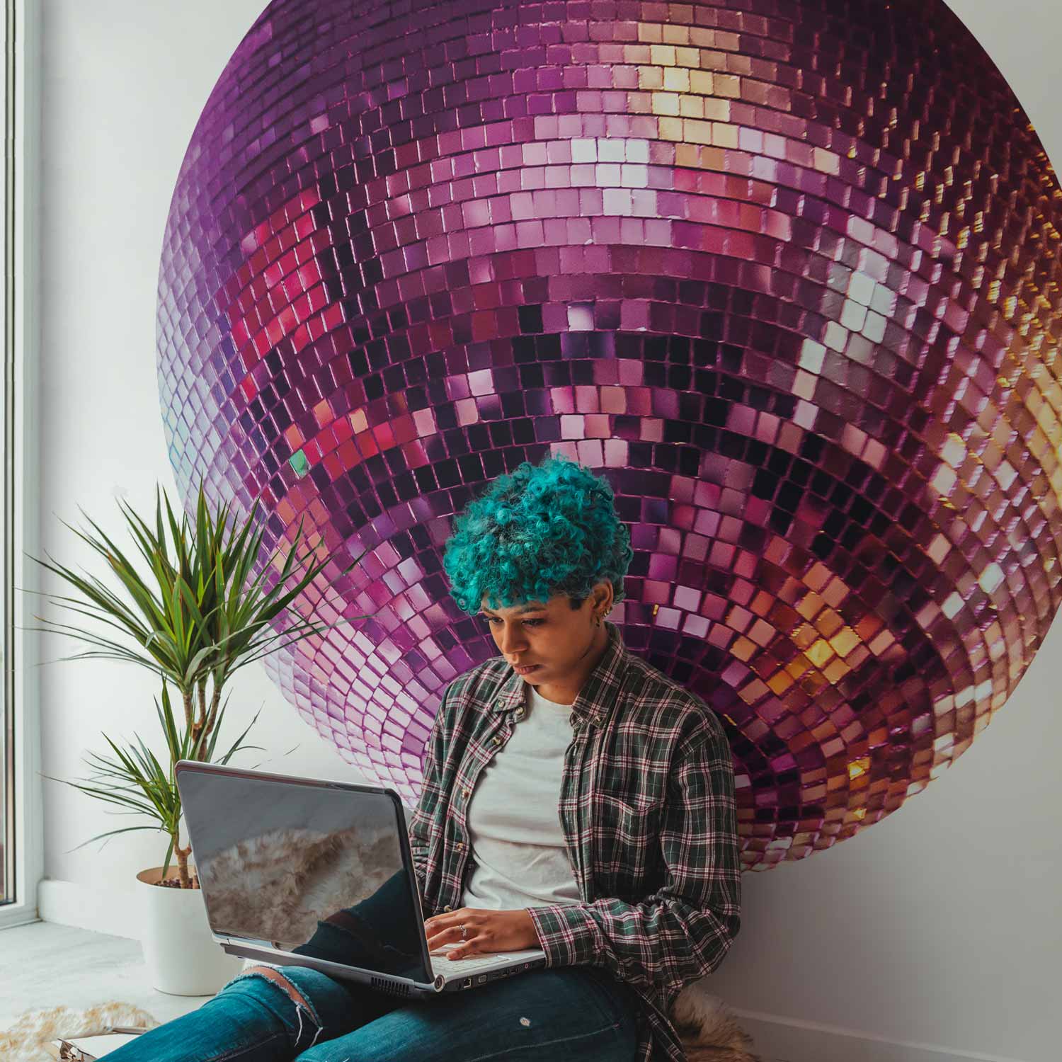 Round Wall Mural - Magenta Disco Ball