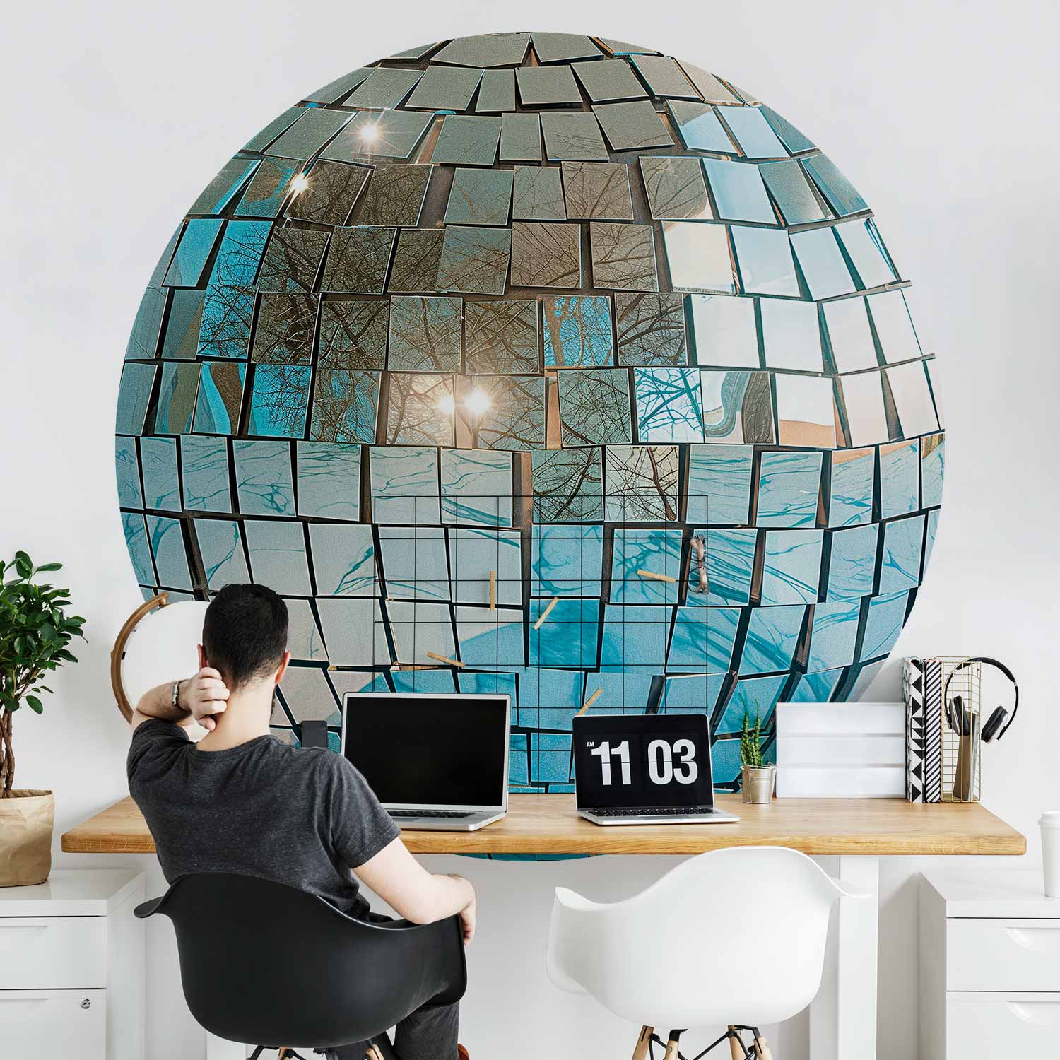 Round Wall Mural - Sky Blue Disco Ball