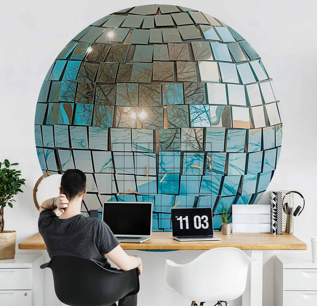 Round Wall Mural - Sky Blue Disco Ball