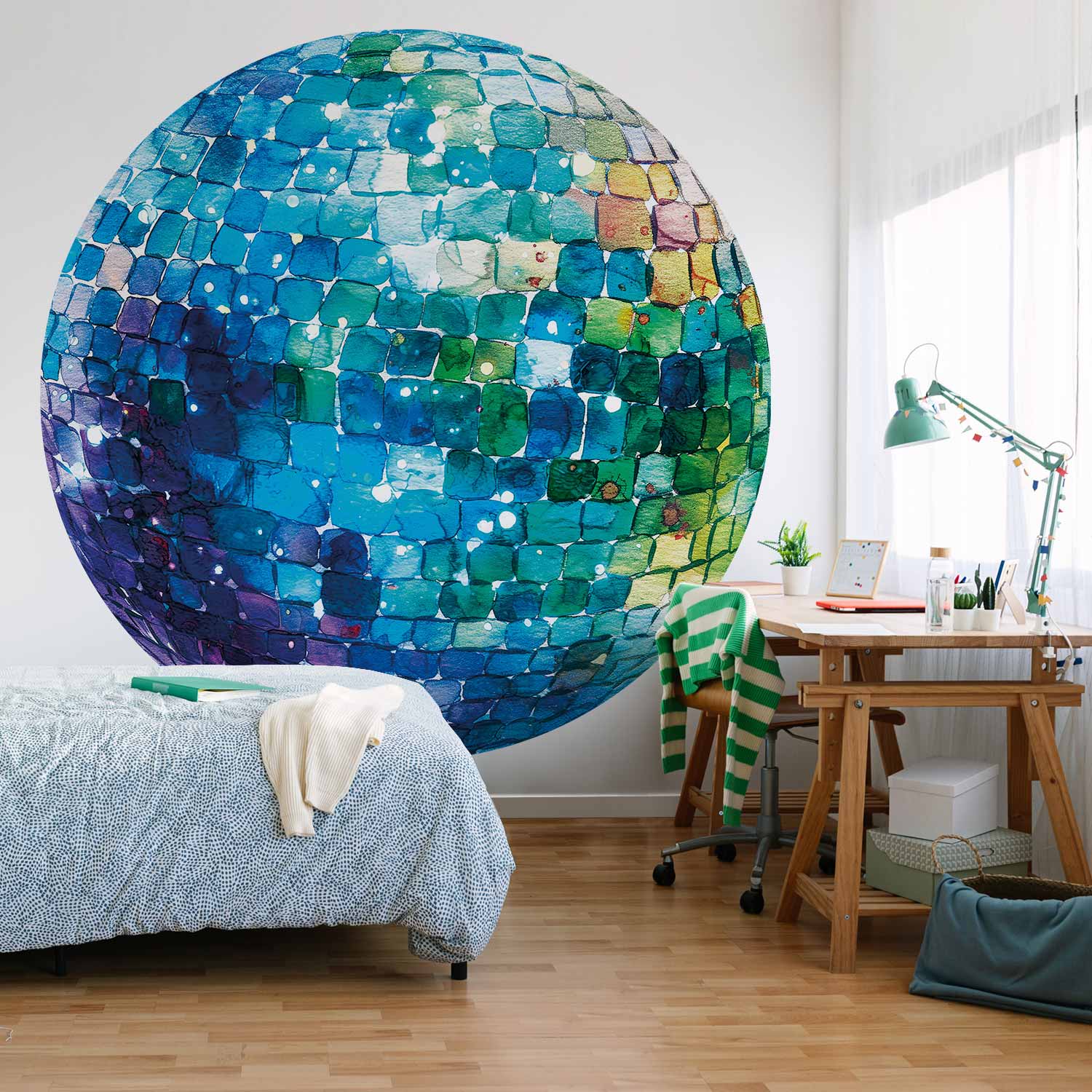 Round Wall Mural - Turquoise Disco Ball