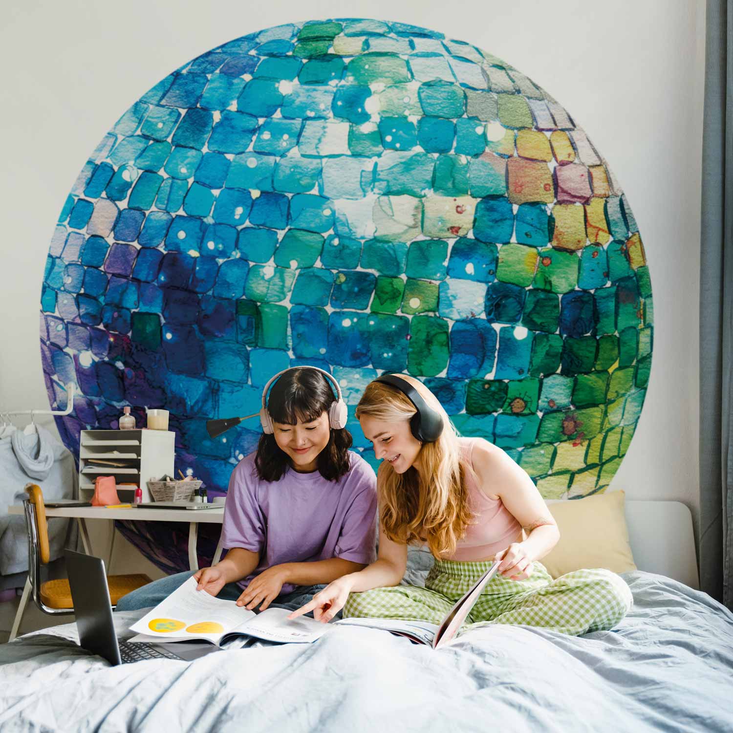 Round Wall Mural - Turquoise Disco Ball