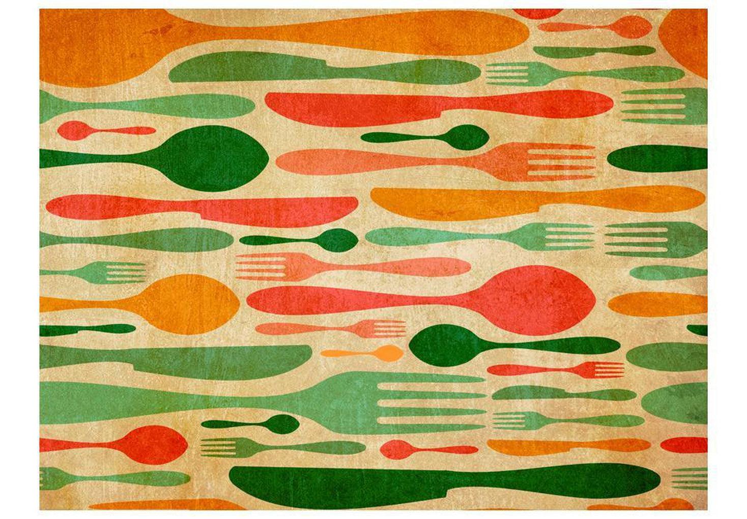 Kitchen Wallpaper Wall Mural - Abstract Cutlery Orange & Green