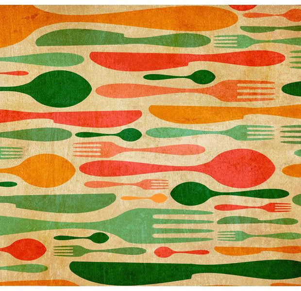 Kitchen Wallpaper Wall Mural - Abstract Cutlery Orange & Green