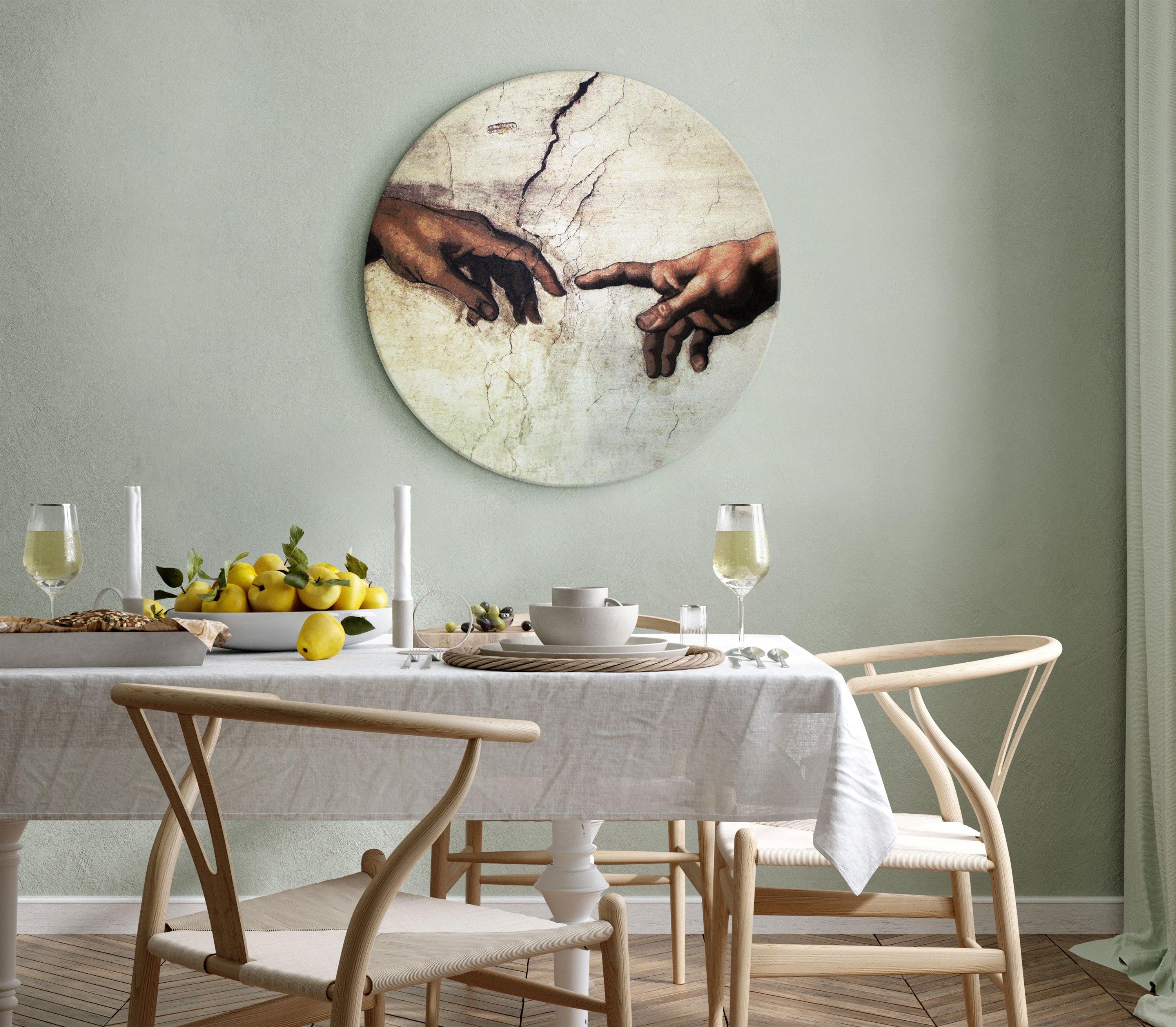 Round Canvas Print - The Creation of Adam - hands from a fresco by Michelangelo