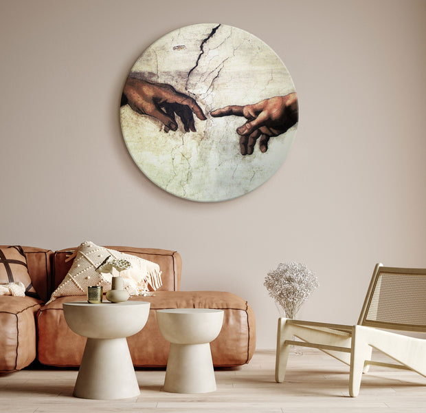 Round Canvas Print - The Creation of Adam - hands from a fresco by Michelangelo