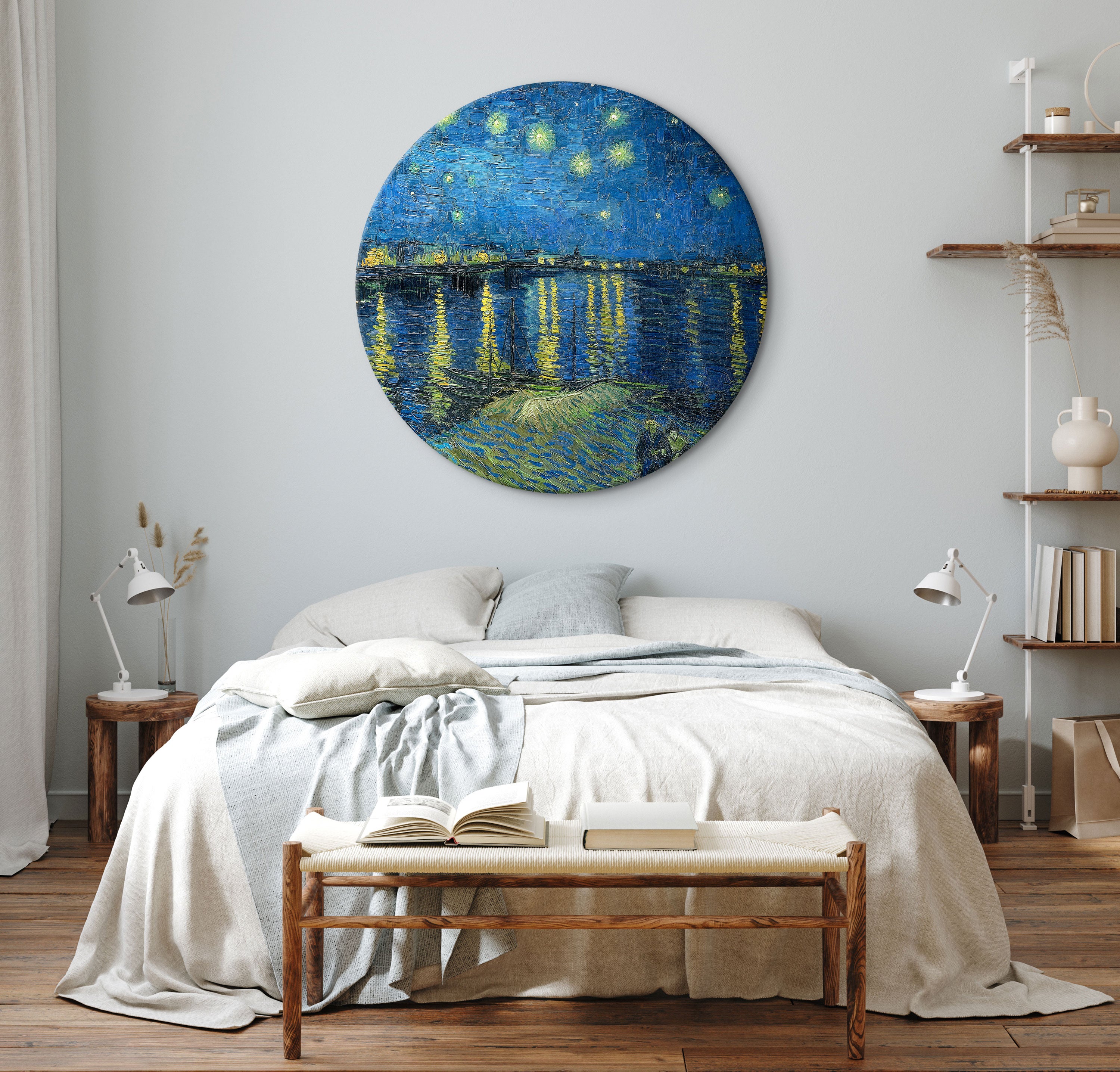 Round Canvas Print - Vincent Van Gogh - Starry Night Over the Rhone - A Boat Against the Backgof the Blue Sky