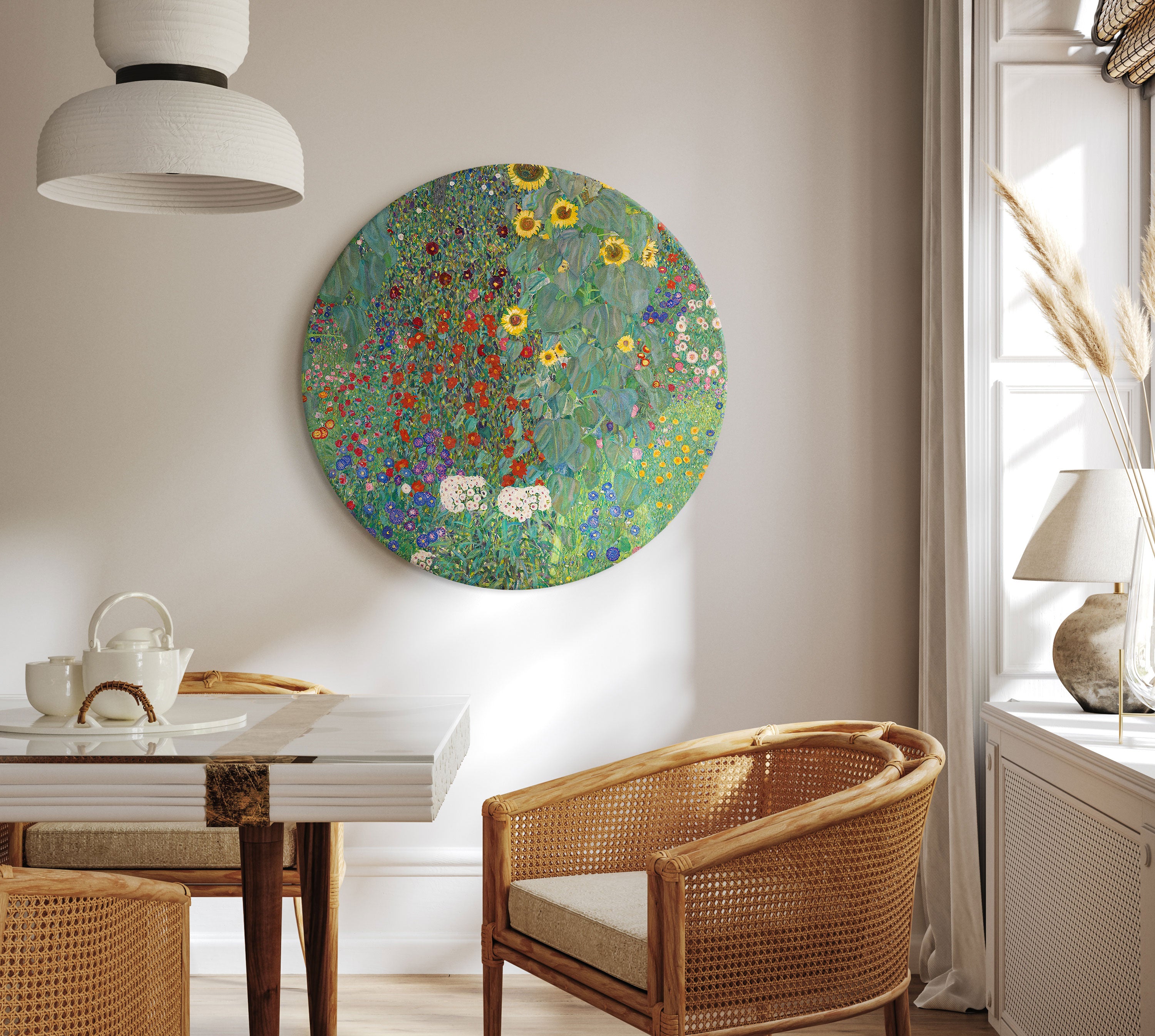 Round Canvas Print - Country Garden With Sunflowers, Gustav Klimt - Multi-Colored Flowers