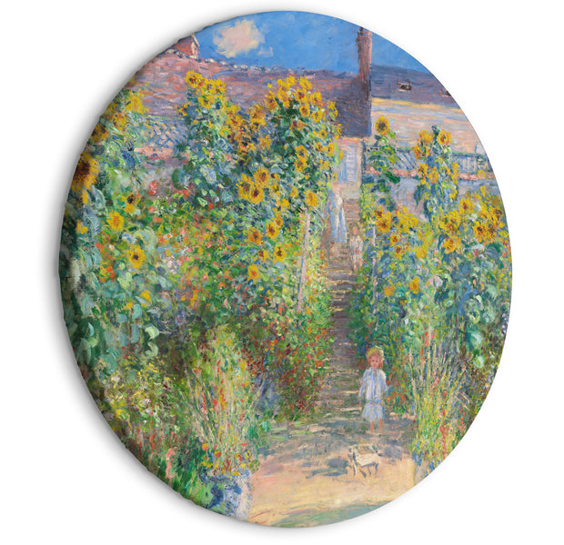 Round Canvas Print - Claude Monet’s Garden at Vétheuil - Farmhouse With Sunflowers