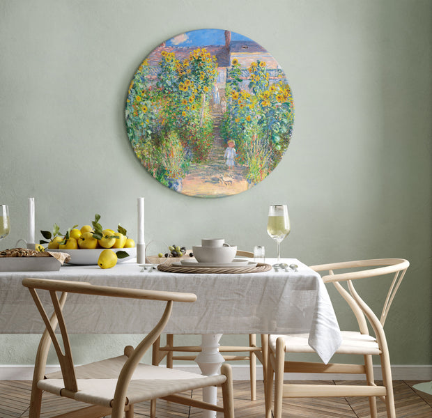 Round Canvas Print - Claude Monet’s Garden at Vétheuil - Farmhouse With Sunflowers