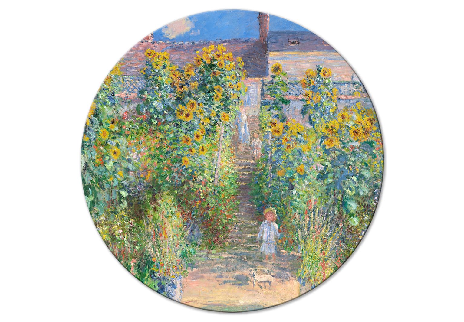 Round Canvas Print - Claude Monet’s Garden at Vétheuil - Farmhouse With Sunflowers