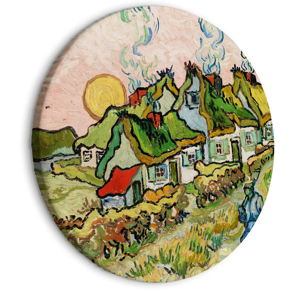 Round Canvas Print - Thatched Cottages in the Sunshine Reminiscence of the North (Vincent van Gogh)