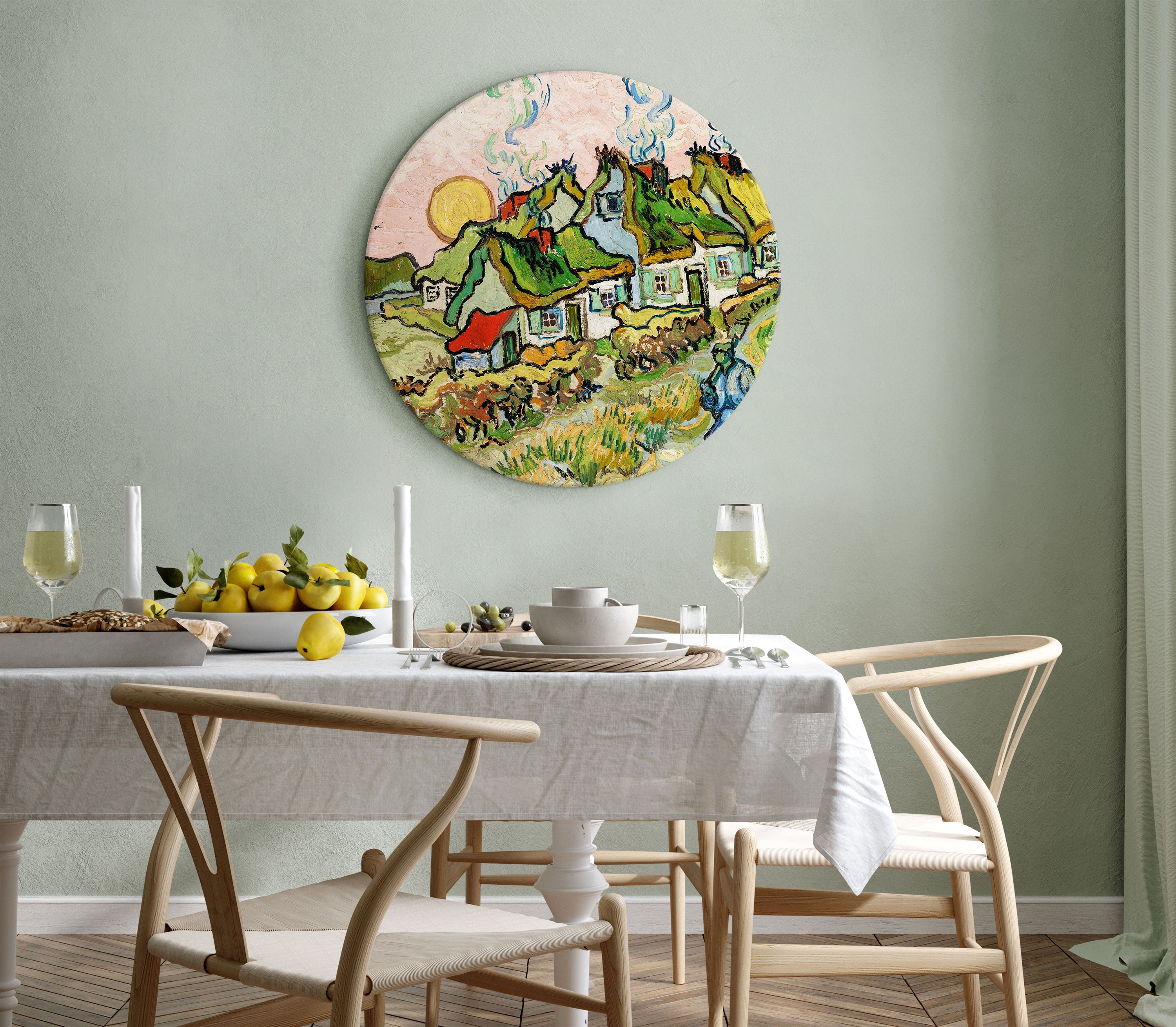 Round Canvas Print - Thatched Cottages in the Sunshine Reminiscence of the North (Vincent van Gogh)