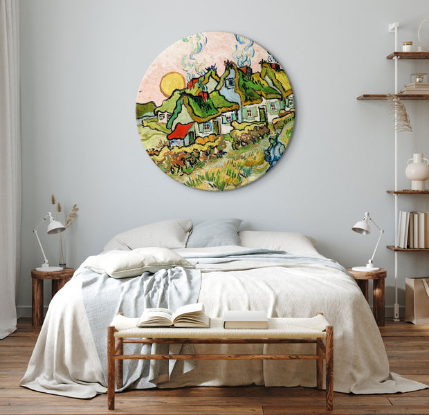 Round Canvas Print - Thatched Cottages in the Sunshine Reminiscence of the North (Vincent van Gogh)