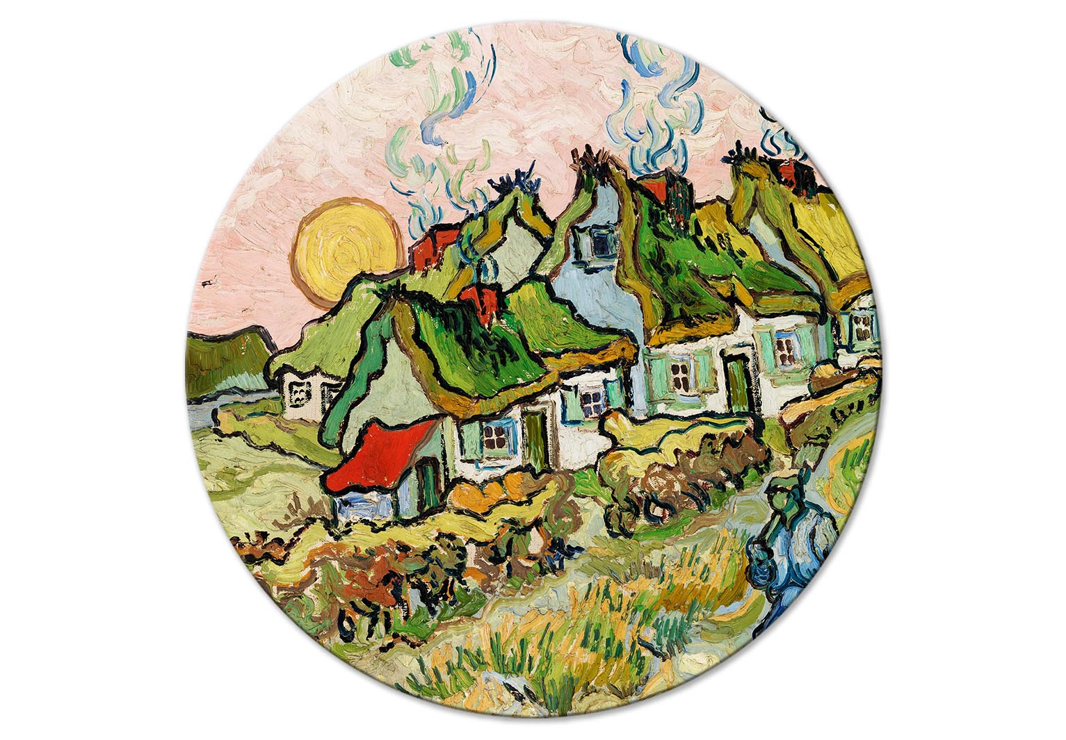 Round Canvas Print - Thatched Cottages in the Sunshine Reminiscence of the North (Vincent van Gogh)