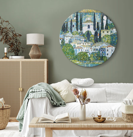 Round Canvas Print - Church in Cassone, Gustav Klimt - German Architecture by the River