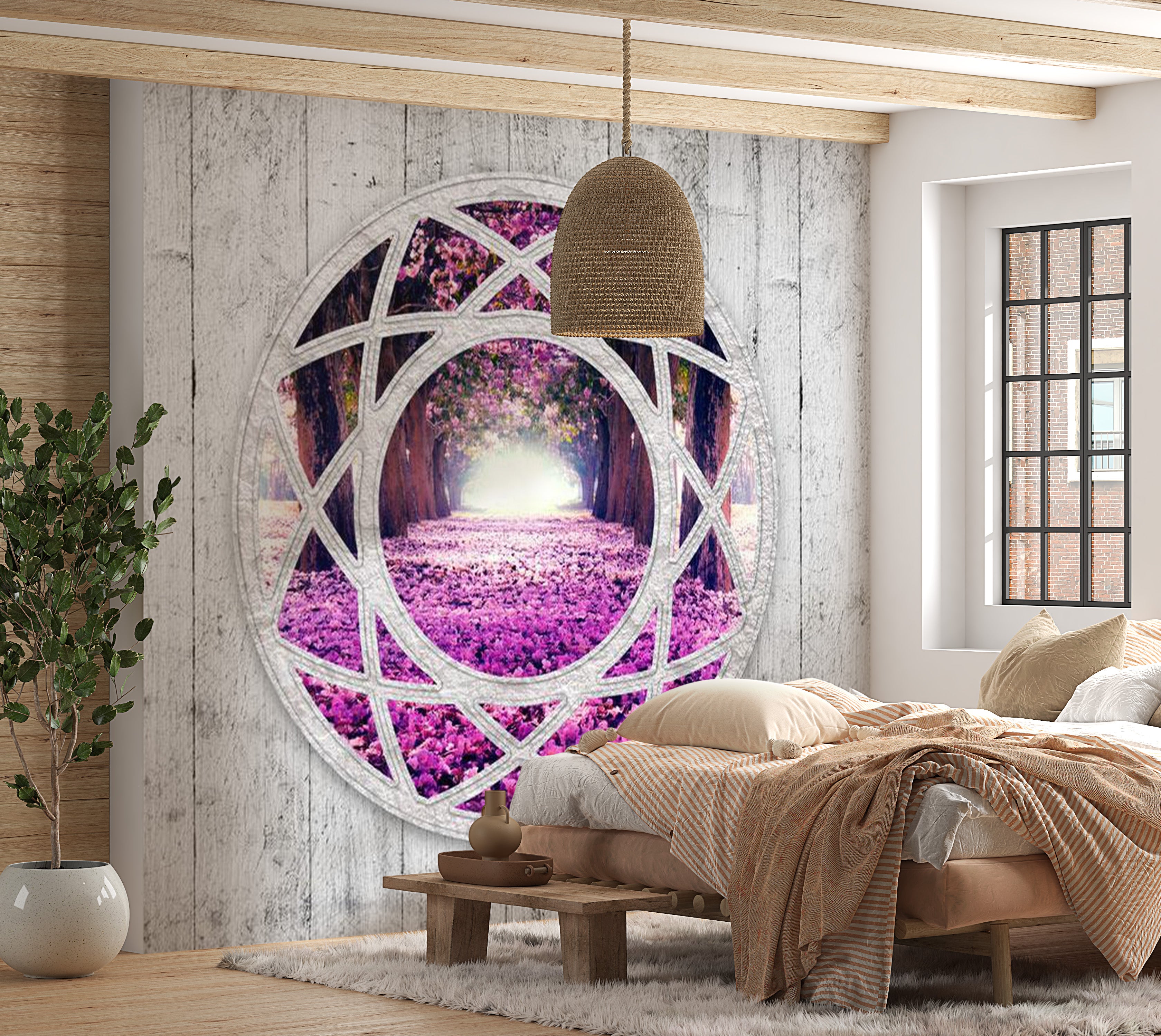 Landscape Wallpaper Wall Mural - Fuchsia Window View