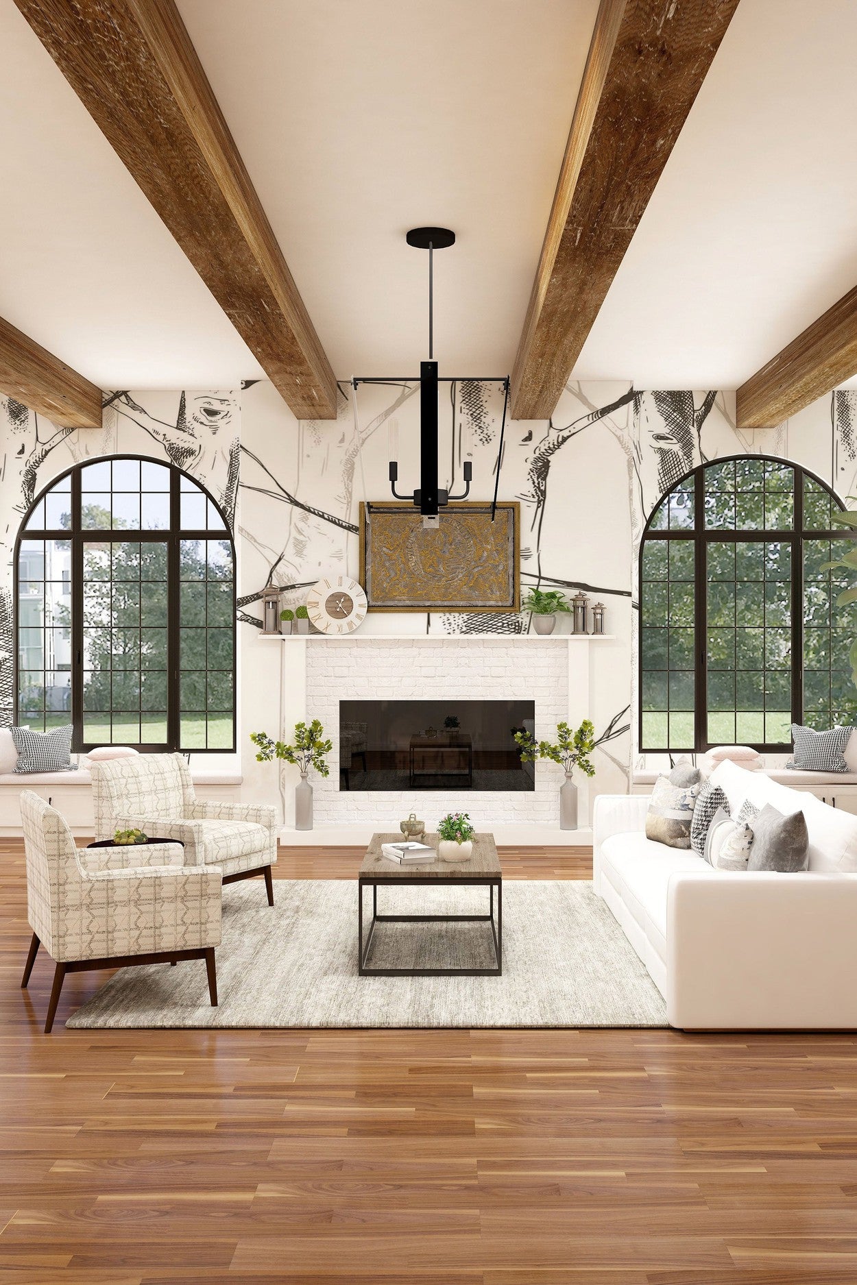 Elegant living room interior with floral wall mural, exposed beams, and stylish furniture