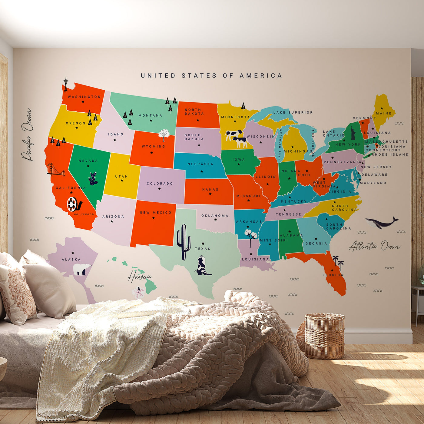 Map Wallpaper Wall Mural - US Map With State Names-Tiptophomedecor