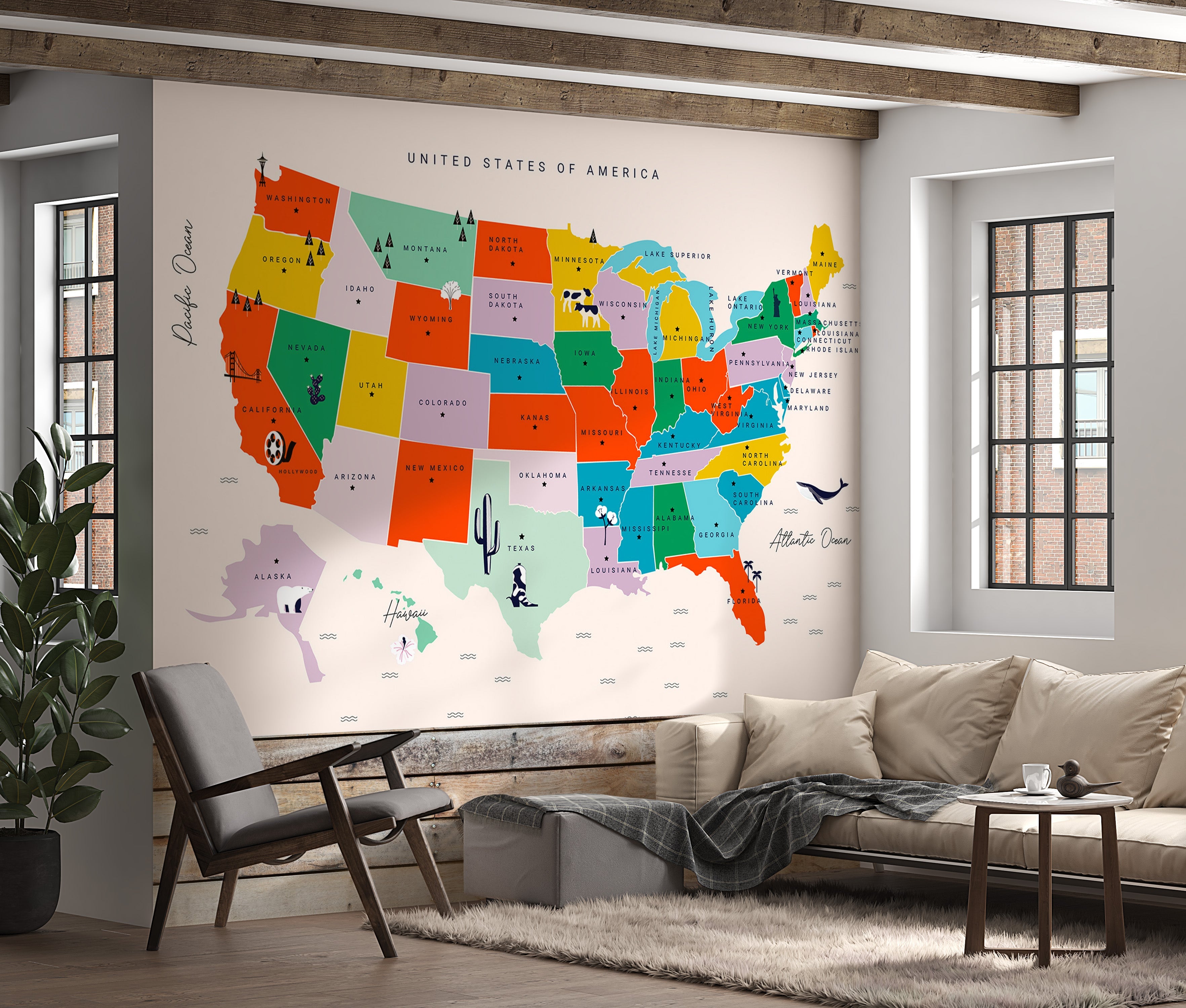 Map Wallpaper Wall Mural - US Map With State Names-Tiptophomedecor