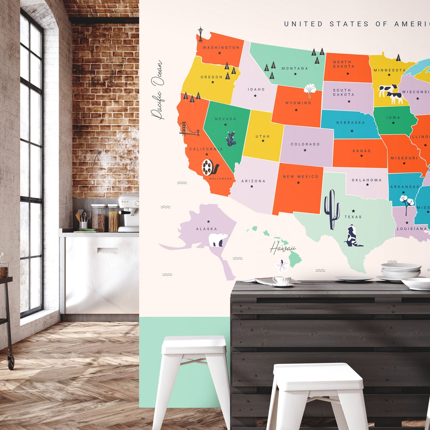 Map Wallpaper Wall Mural - US Map With State Names-Tiptophomedecor