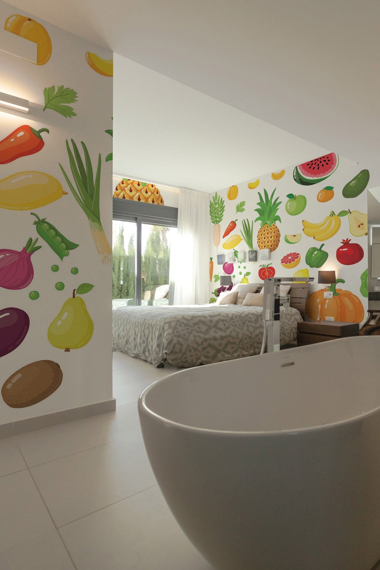 Interior of a modern bedroom featuring a wall mural with colorful fruit and vegetable illustrations.