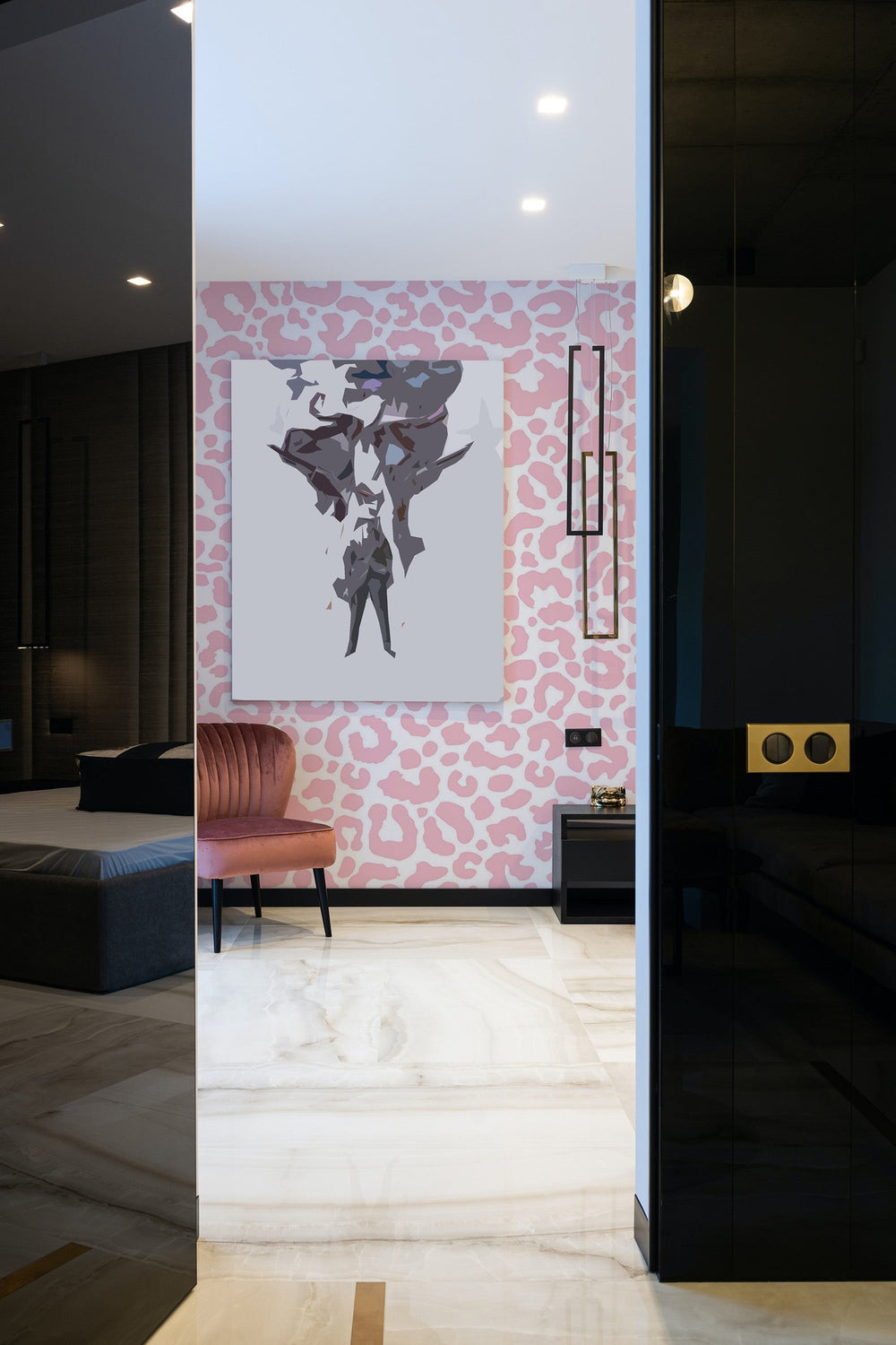 A stylish interior featuring a sleek bedroom with a large abstract mural on the wall, pink and gray wall pattern, and elegant marble flooring.