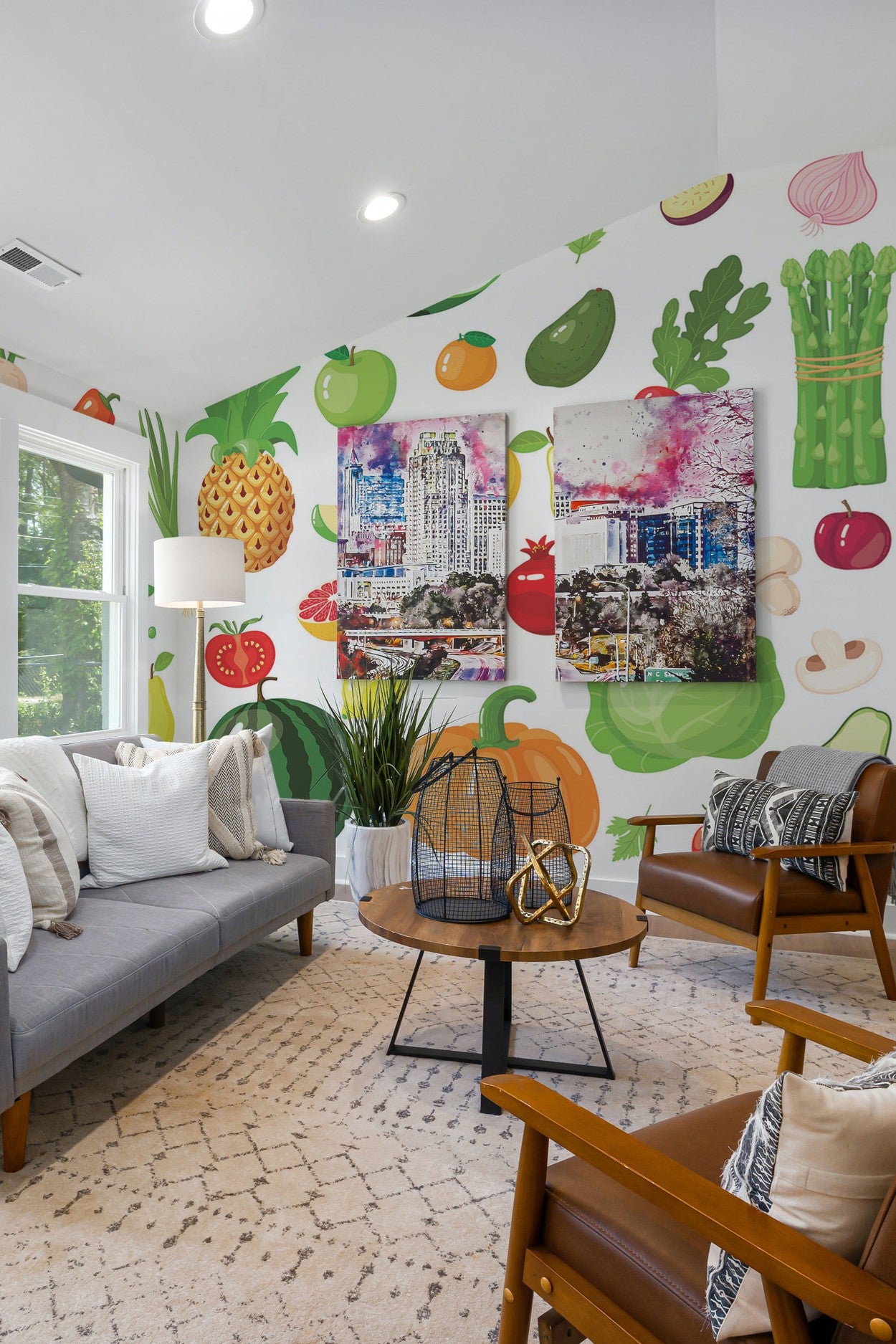 A contemporary living room with vibrant food-themed wall mural and stylish furniture.