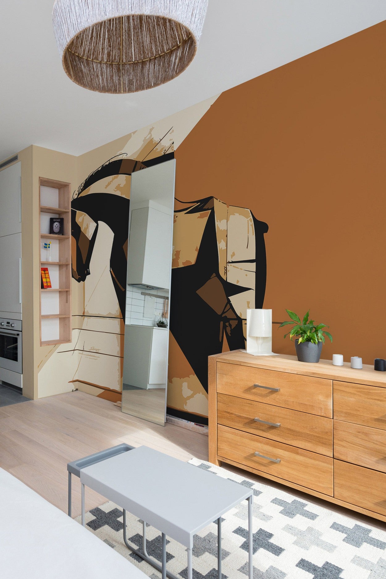 A contemporary living room interior with a large abstract horse mural on the wall