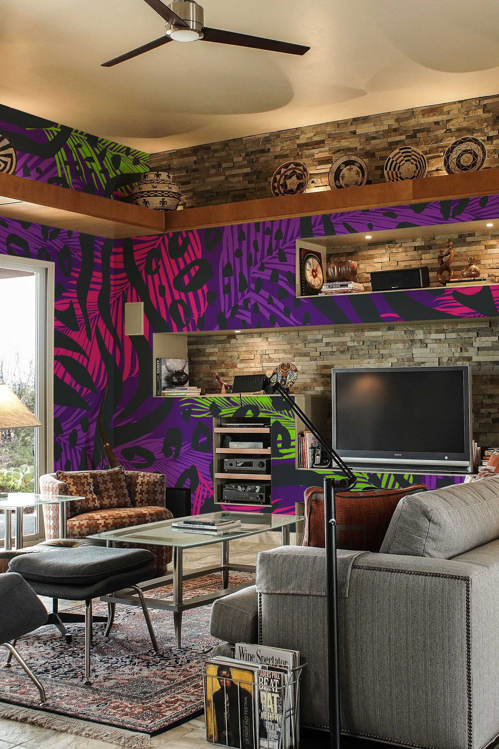 Interior of a modern living room featuring a bold purple abstract mural on the wall, with stylish furniture and decor.