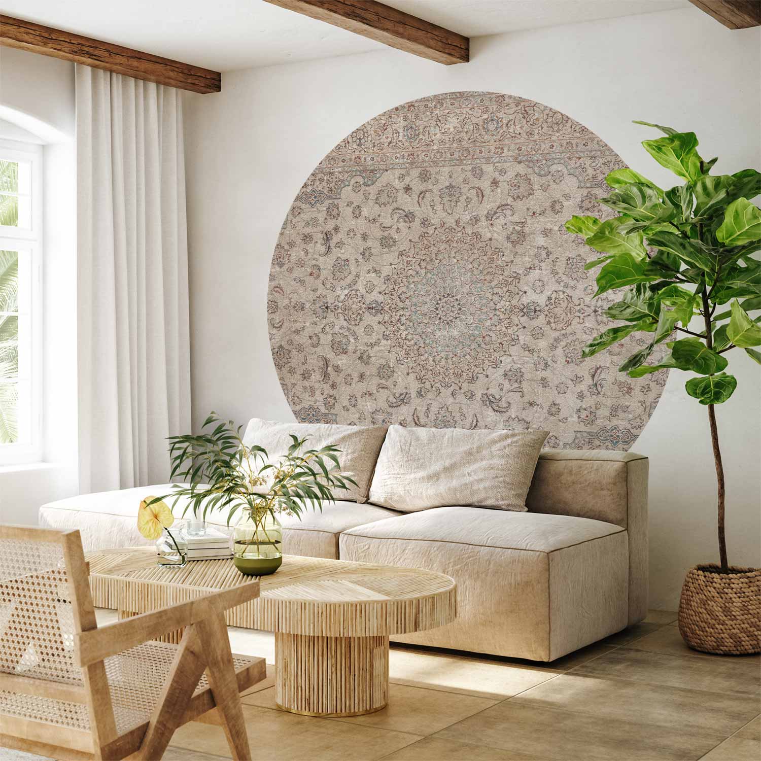 Round Wall Mural - Sand Carpet - Worn Persian Carpet With Rich Decorative Motifs