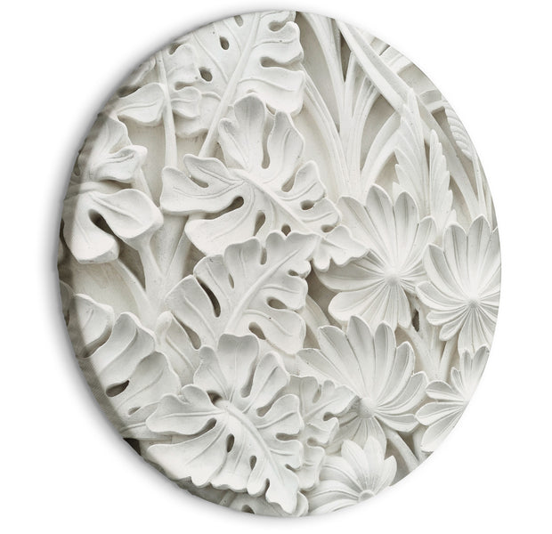 Round Canvas Print - Carved Nature - Pattern With White Leaves Made of Stone