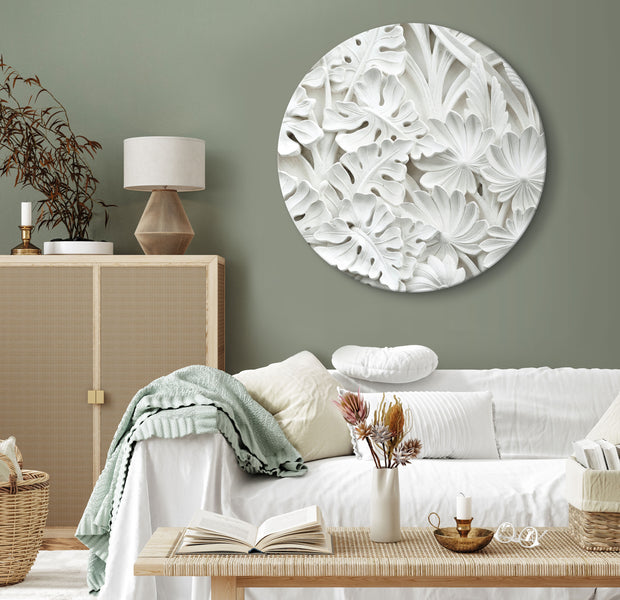 Round Canvas Print - Carved Nature - Pattern With White Leaves Made of Stone